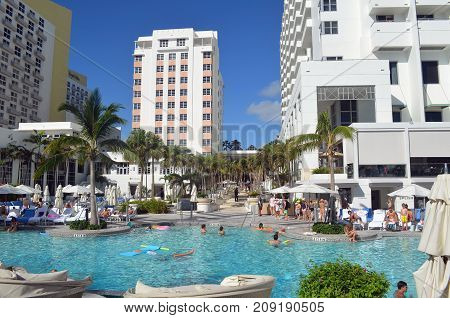 Swimming pool at a major  resort hotel on the Atlantic Ocean in Miami Beach,Florida.  Photographed on 15 October 2017 a little more than week after hurricane Irene.