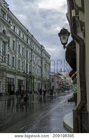 MOSCOW RUSSIA - Oktober 14 2017: Nikolskaya street is one of the most popular shopping streets in Moscow adjoining to State Department Store in Moscow