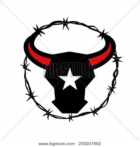 Icon style illustration of a Texas Longhorn bull with star on it's head set inside Barbed Wire circle on isolated background.