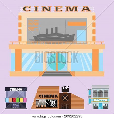 Cinema building vector illustration facade movie entertainment city house architecture theater exterior Urban film icon town vintage premiere show house construction.
