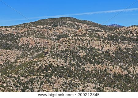 View from Windy Point on Mount Lemmon in Tucson, Arizona, USA in the Santa Catalina Mountains located in the Coronado National Forest with blue sky copy space.