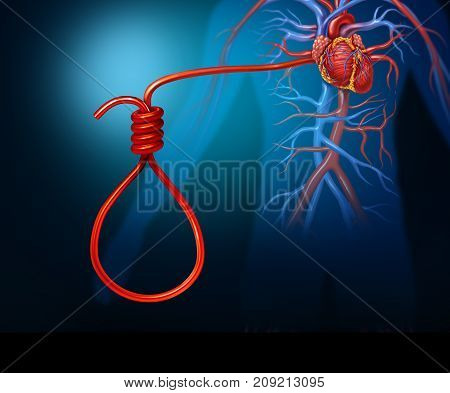 Heart attack concept and cardiac arrest or stroke symbol as a human artery shaped as a noose as a medical or medicine icon for the dangers of coronary disease with 3D render elements.