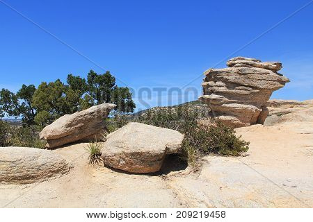 Windy Point on Mount Lemmon in Tucson, Arizona, USA in the Santa Catalina Mountains located in the Coronado National Forest with blue sky copy space.