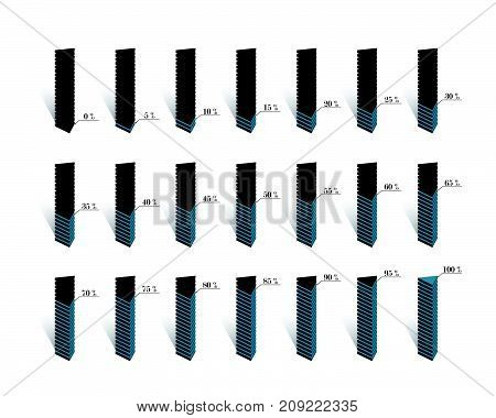 Set of 3d triangle percentage diagrams infographics 0 5 10 15 20 25 30 35 40 45 50 55 60 65 70 75 80 85 90 95 100 percent. Vector illustration. Element infographic graph presentation and chart.