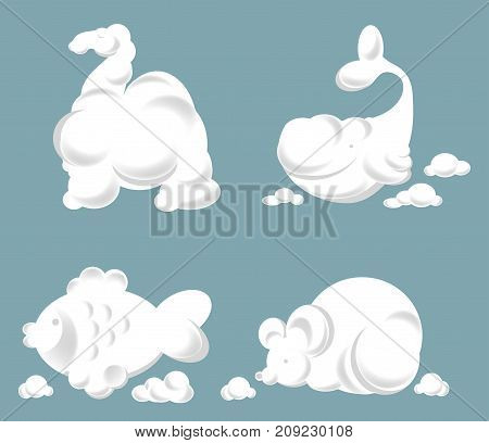 Fluffy clouds in shape of animals in blue sky isolated cartoon flat vector illustrations. Calm camel with closed eyes, friendly whale with long tail, silent fish and cute mouse silhouettes set.