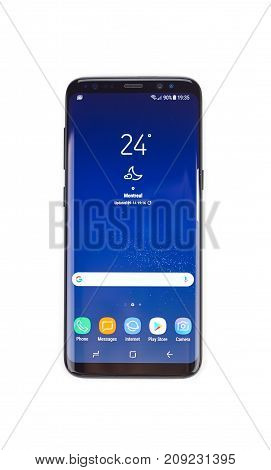 MONTREAL CANADA - OCTOBER 12 2017: New Samsung s8 on a white background. Samsung Group is a South Korean multinational conglomerate headquartered in Samsung Town Seoul