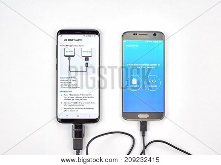 MONTREAL CANADA - OCTOBER 12 2017: Smart switch data transfer from Samsung S7 to a new Galaxy S8 device.