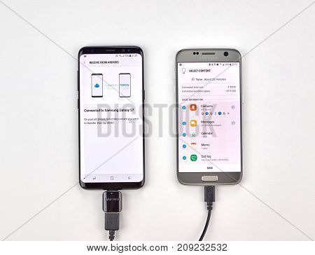 MONTREAL CANADA - OCTOBER 12 2017: Smart switch data transfer from Samsung S7 to a new Galaxy S8 device.