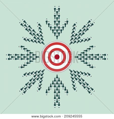 Large group of people seen from above gathered together in the shape of a arrow hitting the target center. Stock flat vector illustration.