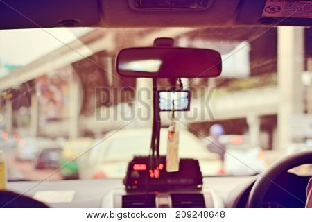 The Scene Of The View From The Taxi Car With Taxi Meter Display In Bangkok, Thailand