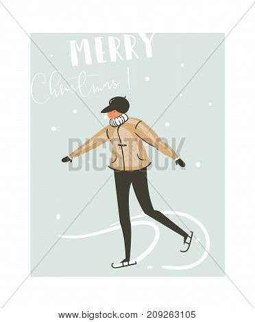Hand drawn vector abstract fun Merry Christmas time cartoon illustration card with young boy skating on ice isolated on blue background