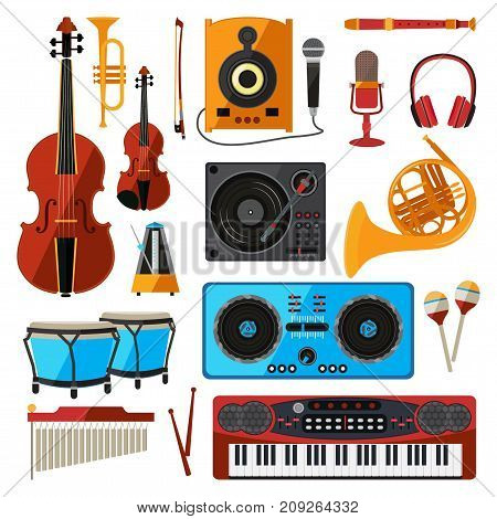 Musical instrument isolate on white. Music equipment for sound studio or shop. Guitars, digital players, bas amplifier and others. Guitar and equipment sound, musical instrument vector illustration