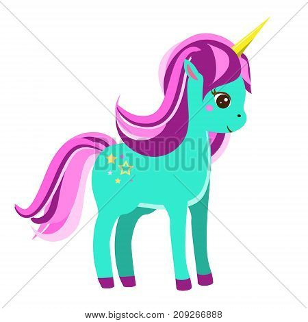Cute blue unicorn with pink mane. Fairy pony magic horse. Vector illustration for kids