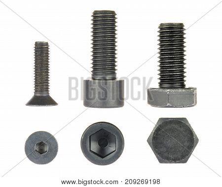 Black hex bolt screws, isolated on white background