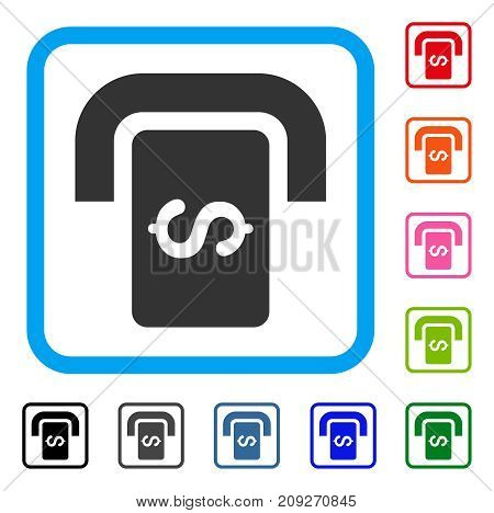 Cashpoint Terminal icon. Flat gray iconic symbol inside a light blue rounded squared frame. Black, gray, green, blue, red, orange color versions of Cashpoint Terminal vector.