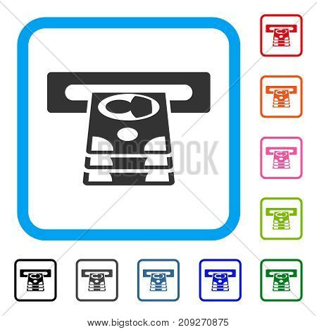 Cashpoint icon. Flat gray pictogram symbol in a light blue rounded squared frame. Black, gray, green, blue, red, orange color variants of Cashpoint vector. Designed for web and app user interface.