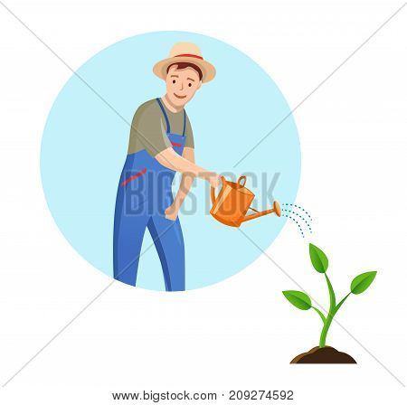 Gardener in circle on blue background. vector illustration Farmer with watering can in flat style.Gardener Man watering sprout.