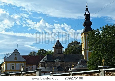 Two church towers at monastery Privina Glava, Šid, Serbia