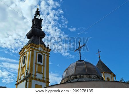 Three church crosses at monastery Privina Glava, Šid, Serbia