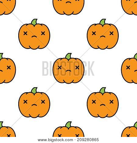 Seamless halloween pattern background with dead kawaii style pumpkins on white background. Vector illustration.