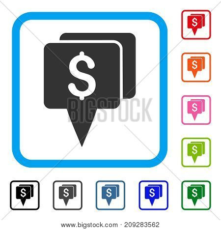 Bank Map Pointers icon. Flat gray iconic symbol in a light blue rounded squared frame. Black, gray, green, blue, red, orange color variants of Bank Map Pointers vector.