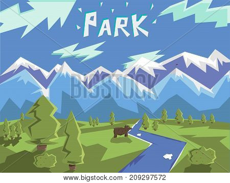 National park vector illustration with mountains, reaver, bear and trees