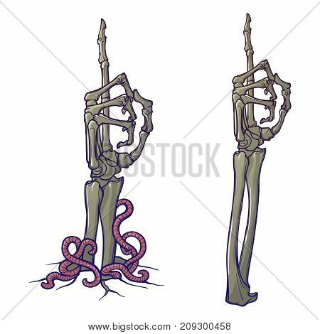 Zombie body language. Pointing finger up. Pair of skeleton hands rising from the ground and torn apart. Painted linear drawing isolated on white background. EPS10 vector