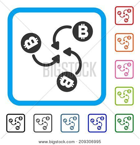 Bitcoin Mixer Swirl icon. Flat gray iconic symbol in a light blue rounded rectangular frame. Black, gray, green, blue, red, orange color variants of Bitcoin Mixer Swirl vector.