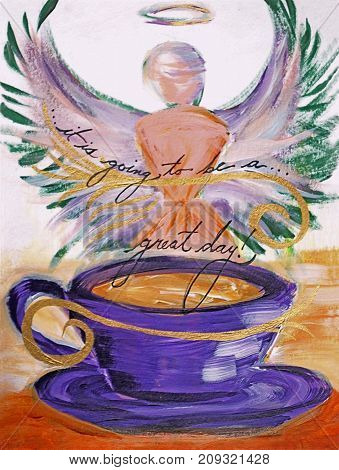 Acrylic painting on canvas of purple coffee cup and angel silhouette saying, 