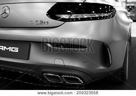Sankt-Petersburg Russia July 21 2017: Back view of a Mercedes Benz C 63s AMG coupe 2017. Exhaust system. Car exterior details. Photo Taken on Royal Auto Show July 21
