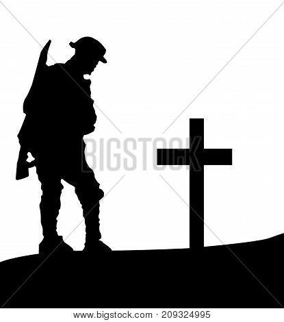Soldier and Cross Rememberance on White in silhouette