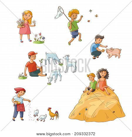 vector flat kids at farm set. boy sitting at meadow grazing goats, girl, boy feeding chickens pig, kids collecting flowers, butterflies, sitting at haystack. Isolated illustration on white background.