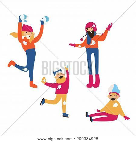 Isolated on white vector group of people. Happy family fighting with snow balls