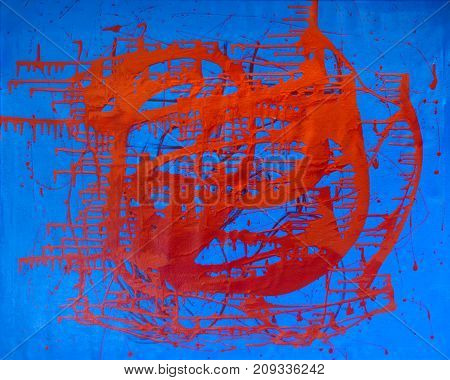 avantgarde abstract painting paints on wall red and blue color.