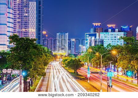TAICHUNG TAIWAN - JULY 17: This is a night view of the Taichung downown shopping area and financial district on July 17 2017 in Taichung