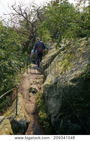 Hikers on the Devil's Wall between Timmenrode and Blankenburg in the Nationalpark Harz