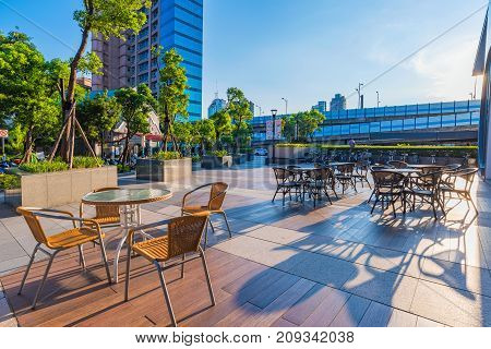 TAIPEI TAIWAN - JULY 15: This is a cafe area outside Syntrend shopping mall which is a newly built mall dedicated to selling consumer electronics on July 15 2017 in Taipei