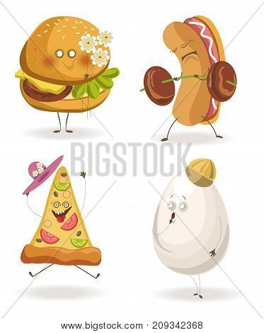 Cartooon fast food characters with cheerful human face expressions. Vector flat icons set