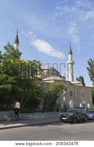 Evpatoria, Republic of Crimea, Russia - July 19, 2017: View of the Juma-Jami Mosque from Demishev Street in Evpatoria