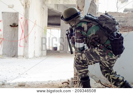 Airsoft Uniform Man Inside Building Keep Rifle