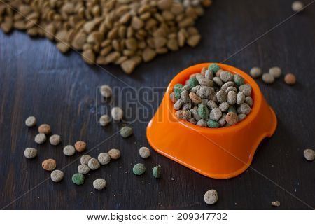 Dry cat or dog food in a orange bowl
