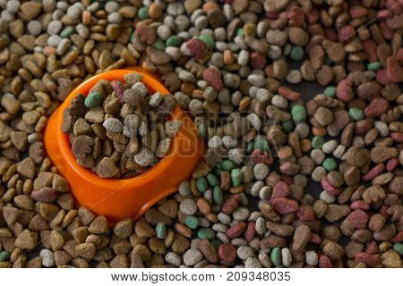Orange plastic bowl filled with dry pet food surrounded by dry food for cat and dogs