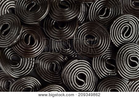 Licorice wheels candies. Candy flavored licorice. Top View