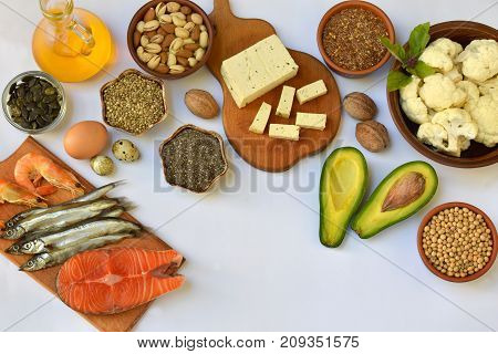 Composition Of Products Containing Unsaturated Fatty Acids Omega 3 - Fish, Nuts, Tofu, Avocado, Egg,
