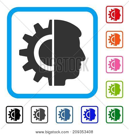 Android Robotics icon. Flat gray iconic symbol inside a light blue rounded squared frame. Black, gray, green, blue, red, orange color versions of Android Robotics vector.