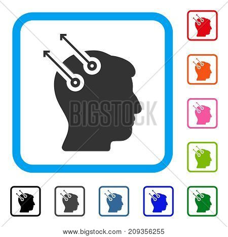 Neural Interface Plugs icon. Flat grey iconic symbol inside a light blue rounded rectangle. Black, gray, green, blue, red, orange color versions of Neural Interface Plugs vector.