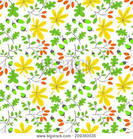 Fall season floral seamless pattern. Autumn background with bright leaves acorns and dogrose. Vector seasonal illustration