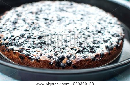 Blackcurrant Tart With Sugar Powder On A Round Baking Tray