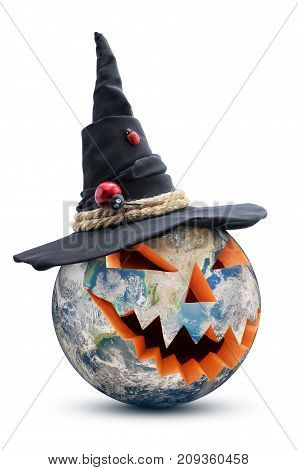 Planet Earth In The Form Of Jack-o-lantern On White Background. Elements Of This Image Furnished By