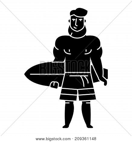 strong bearded man with surfing board icon, illustration, vector sign on isolated background